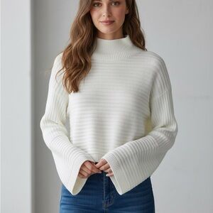 SHEIN Cream Ribbed Mock Neck Cropped Sweater Bell Sleeve Knit Small